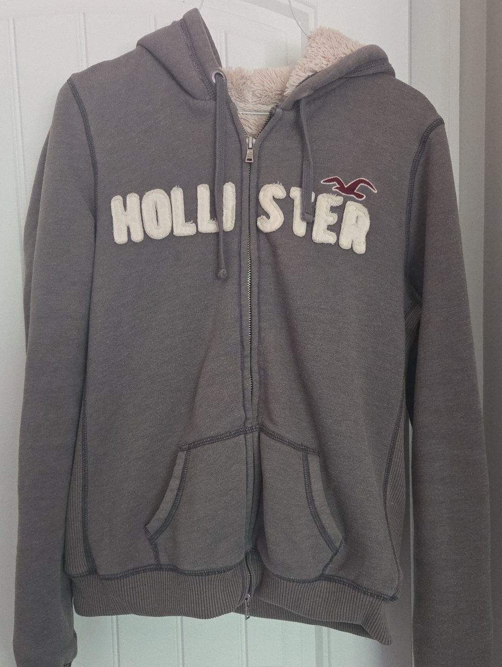 Hollister Gray Zip-Up Hoodie with Sherpa Lining and Plush Logo